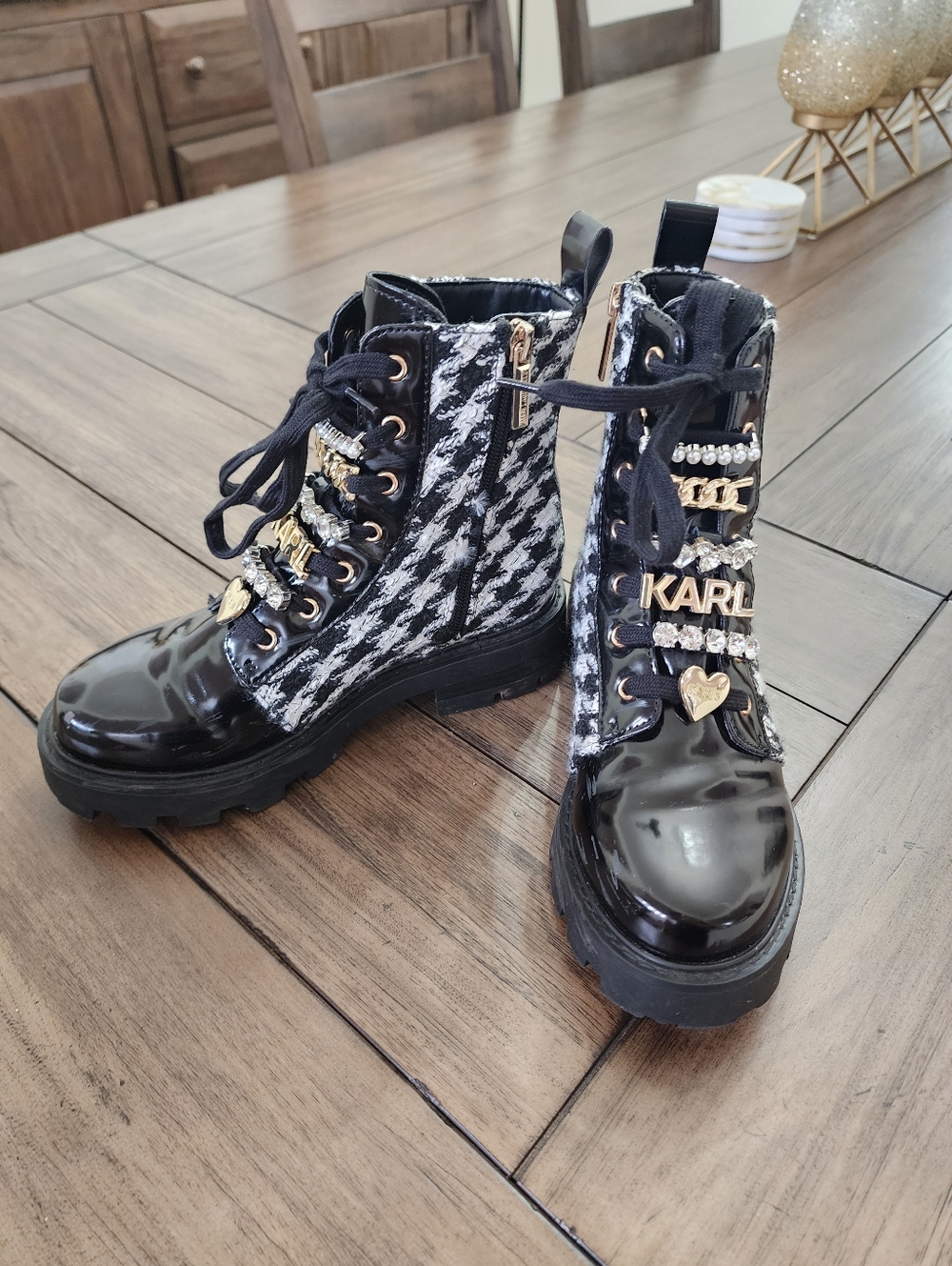 Karl Lagerfeld Black & White Houndstooth Combat Boots